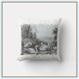 Vintage Swan Lake Blue Throw Pillow