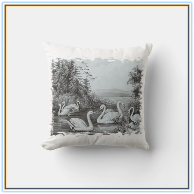 Vintage Swan Lake Blue Throw Pillow (Creator Uploaded)
