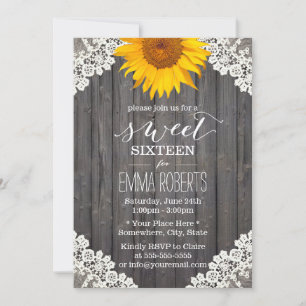 Vintage Sweet 16 Rustic Sunflower Laced Barn Wood Invitation
