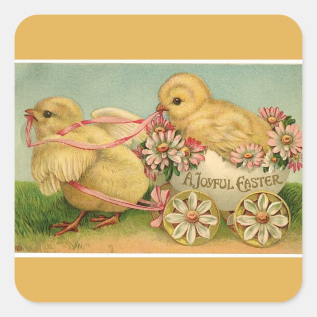 Vintage Sweet Fluffy Chicks Gold Easter Square Sticker (Front)