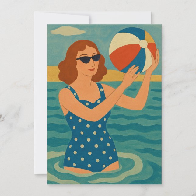 Vintage Swimmer with Beach Ball Invitation (Front)
