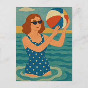 Vintage Swimmer with Beach Ball Postcard