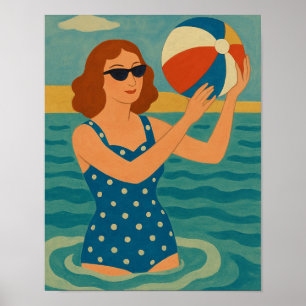 Vintage Swimmer with Beach Ball Poster