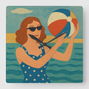 Vintage Swimmer with Beach Ball Square Wall Clock