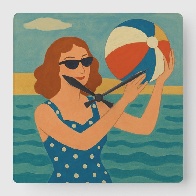 Vintage Swimmer with Beach Ball Square Wall Clock (Front)