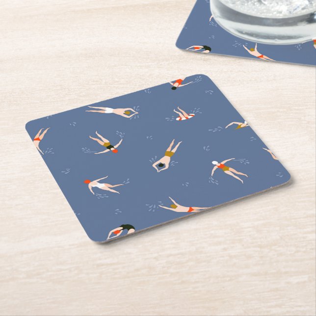 Vintage Swimmers Pattern Square Paper Coaster (Angled)