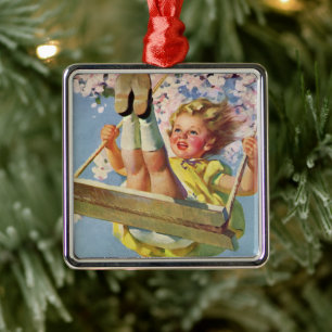 Vintage Swing, Girl Swinging in a Tree Childs Play Metal Tree Decoration
