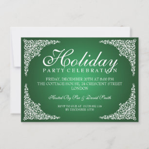 Vintage Swirls Holiday Party Green Invitation