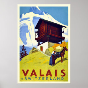 Vintage Swiss Alps Valais Art Deco Travel Poster