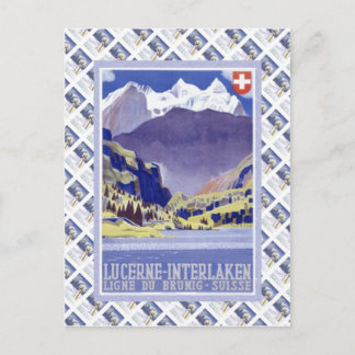 Vintage Swiss Raulway Poster, Interlaken Luzern Postcard