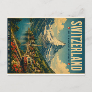 Vintage Switzerland Travel Poster with Alpine Moun Holiday Postcard