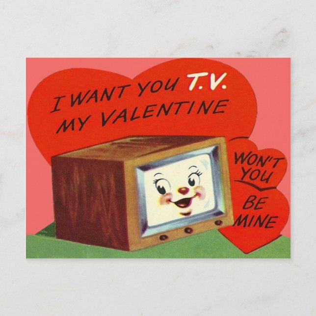 Vintage T.V. Television Heart Valentine Holiday Postcard (Front)
