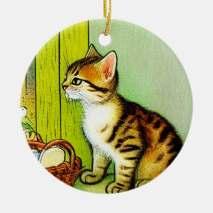 Vintage Tabby Cat Illustration Ceramic Ornament