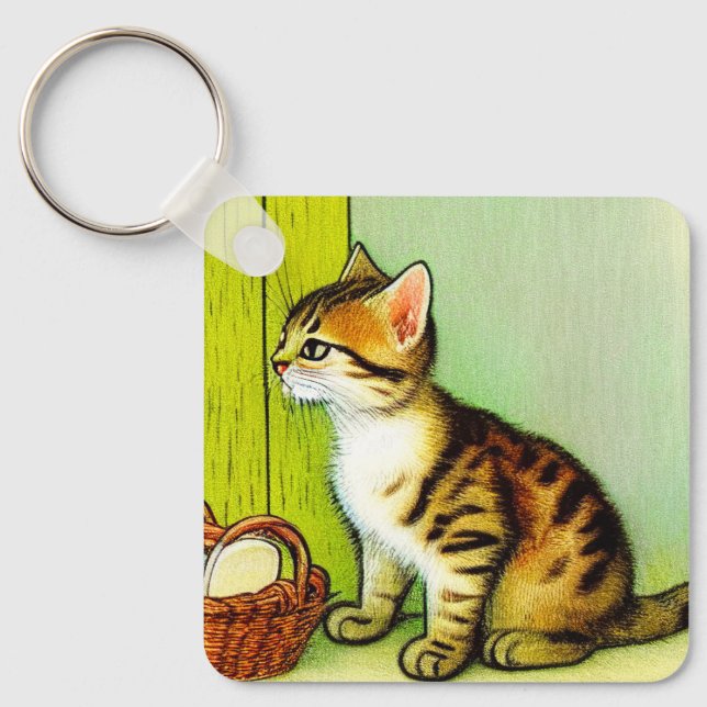 Vintage Tabby Cat Illustration Key Ring (Front)