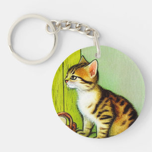 Vintage Tabby Cat Illustration Key Ring