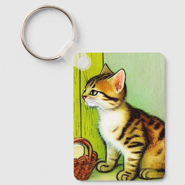 Vintage Tabby Cat Illustration Key Ring (Front)