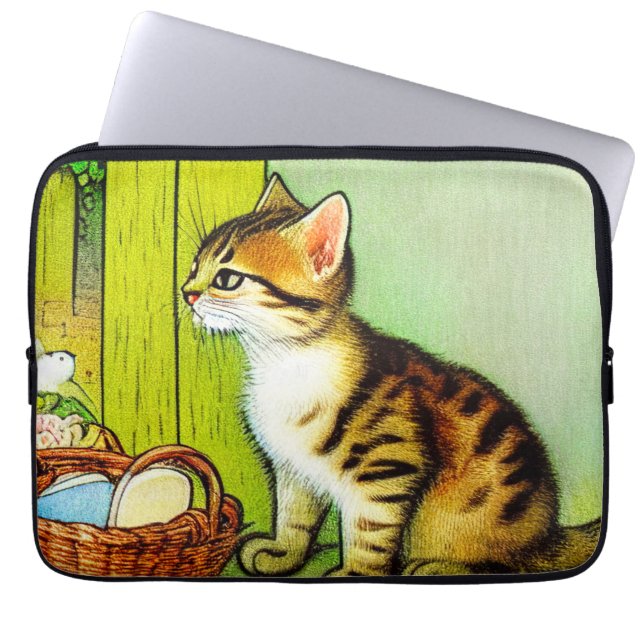 Vintage Tabby Cat Illustration Laptop Sleeve (Front)