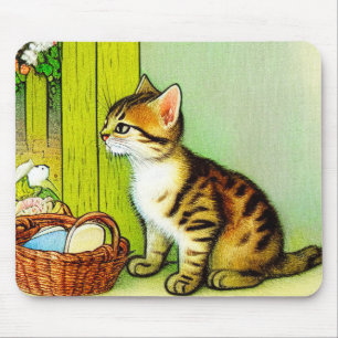 Vintage Tabby Cat Illustration Mouse Pad