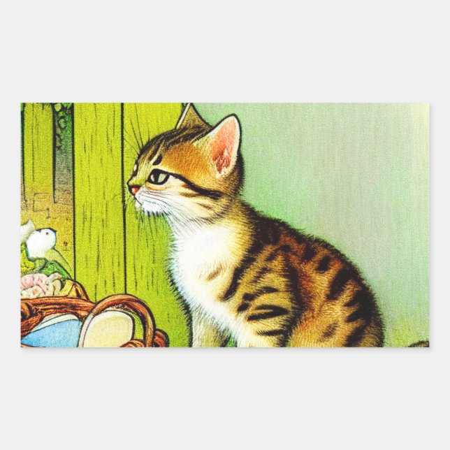 Vintage Tabby Cat Illustration Rectangular Sticker (Front)