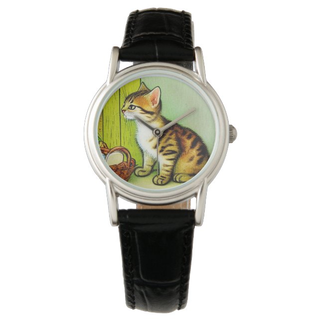 Vintage Tabby Cat Illustration Watch (Front)