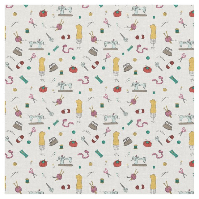 Vintage Tailor & Sewing Tools Pattern Fabric (Close Up)