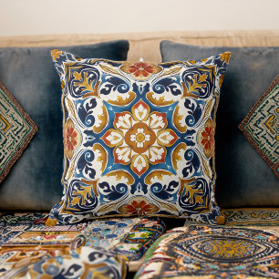 Vintage Talavera Azulejo blue tiles bohemian Cushion