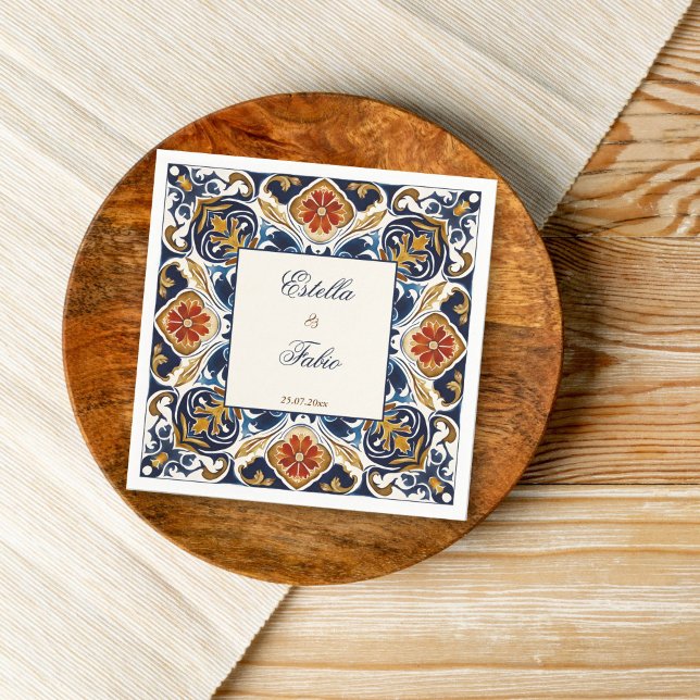 Vintage Talavera Azulejo blue tiles wedding Napkin (Vintage Talavera Azulejo blue tiles monogram personalized wedding Napkins reception decor)