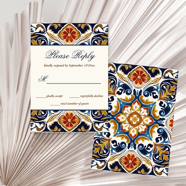 Vintage Talavera Azulejo blue tiles wedding RSVP Card (Vintage Talavera Azulejo Mediterranean blue tiles wedding RSVP Cards wedding invitation suite)