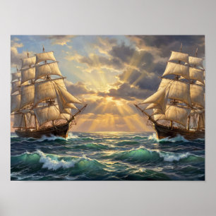 Vintage Tall Ships Ocean Oil Painting Poster