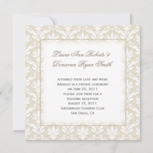 Vintage Tan and White Damask Post Wedding Invitation
