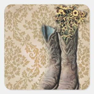 vintage tan damask western country cowboy square sticker