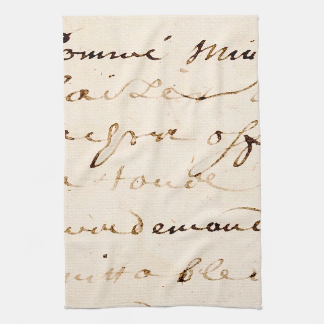 Vintage Tan French Letter Script Parchment Tea Towel (Vertical)