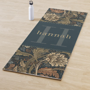 Vintage Tan Teal Floral William Morris Monogram Yoga Mat