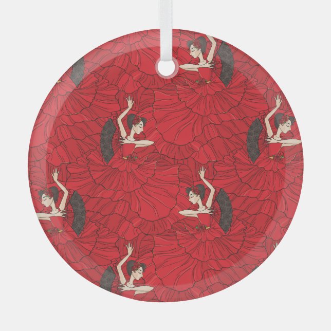 Vintage Tango Flamenco Dance Pattern Glass Tree Decoration (Front)