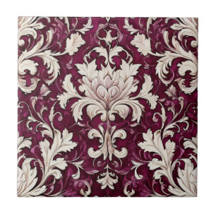 Vintage Tapestry: Burgundy & Cream Ceramic  Tile