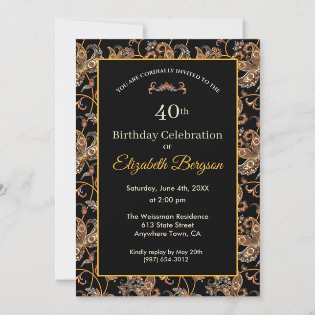 Vintage Tapestry Design on Black 40th Birthday Invitation (Front)