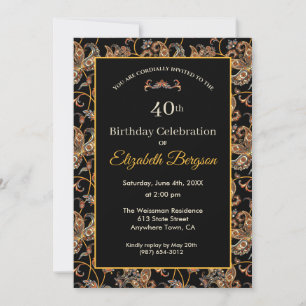 Vintage Tapestry Design on Black 40th Birthday Invitation