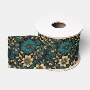 Vintage Tapestry Style Dark Teal and Gold Floral Grosgrain Ribbon