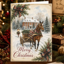 Vintage Tartan Horse Sleigh Country Christmas Card