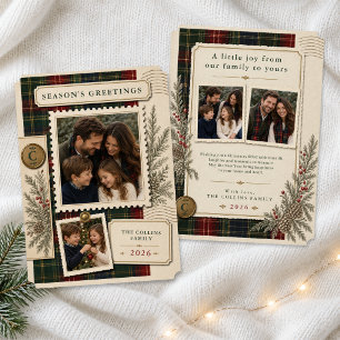 Vintage Tartan Postage Stamp Photo Christmas Holiday Card