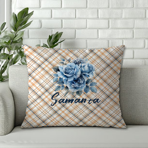 Vintage tartan watercolor rose beige blue name cushion