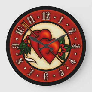 Vintage Tattoo Art Hearts Large Clock