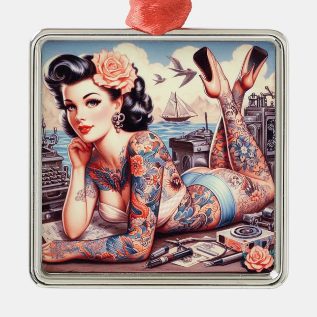 Vintage Tattoo Old School Girl Metal Ornament (Front)