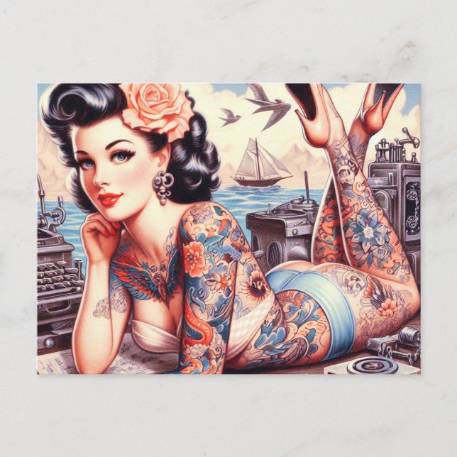 Vintage Tattoo Old School Girl Postcard (Front)