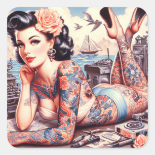 Vintage Tattoo Old School Girl Square Sticker