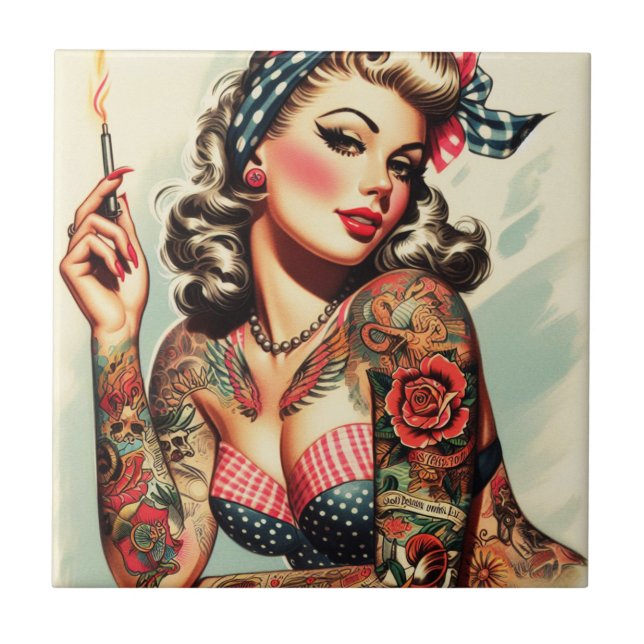 Vintage Tattoo Old School Pin-up Ceramic Tile (Front)
