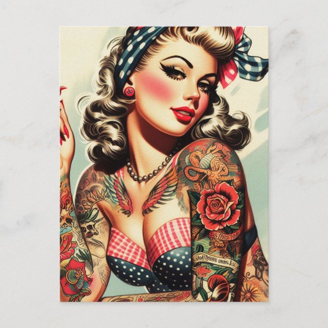 Vintage Tattoo Old School Pin-up Postcard (Front)