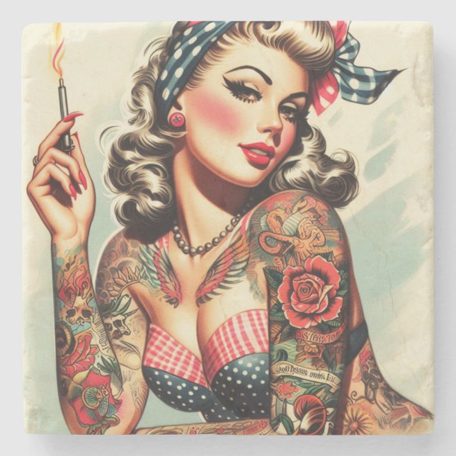 Vintage Tattoo Old School Pin-up Stone Coaster (Front)