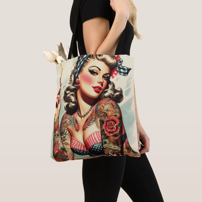 Vintage Tattoo Old School Pin-up Tote Bag (Close Up)