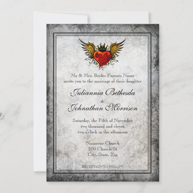 Vintage Tattoo Winged Heart Wedding Invitation (Front)